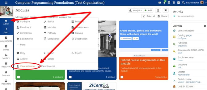 How to View a Course as a Student - view as learner